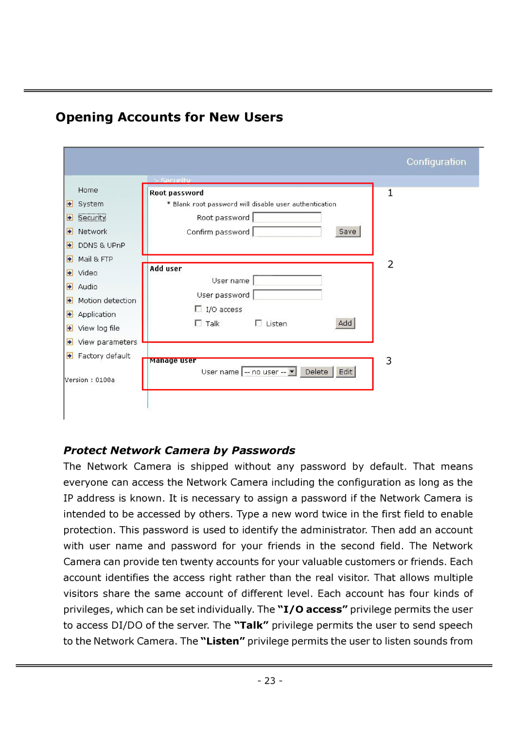 4XEM IPCAMWFD manual Opening Accounts for New Users, Protect Network Camera by Passwords 