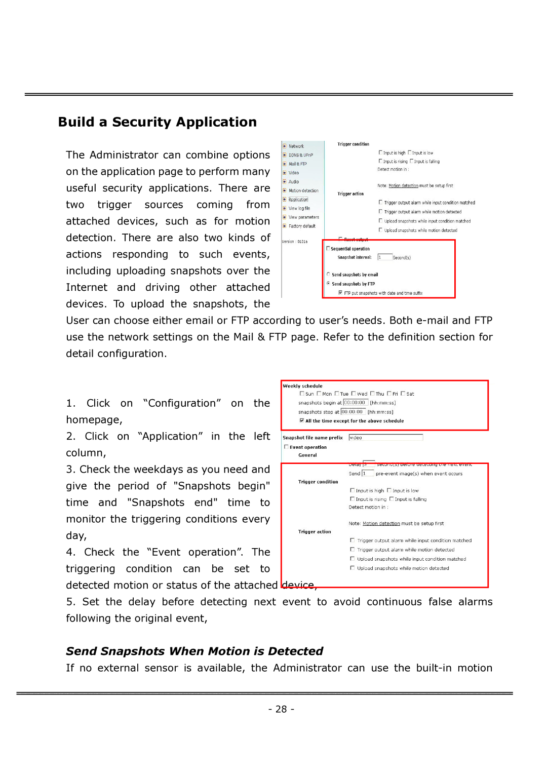 4XEM IPCAMWFD manual Build a Security Application, Send Snapshots When Motion is Detected 