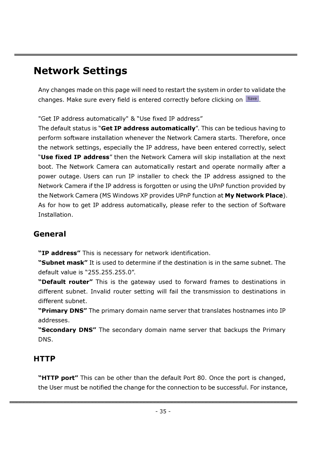 4XEM IPCAMWFD manual Network Settings, General 