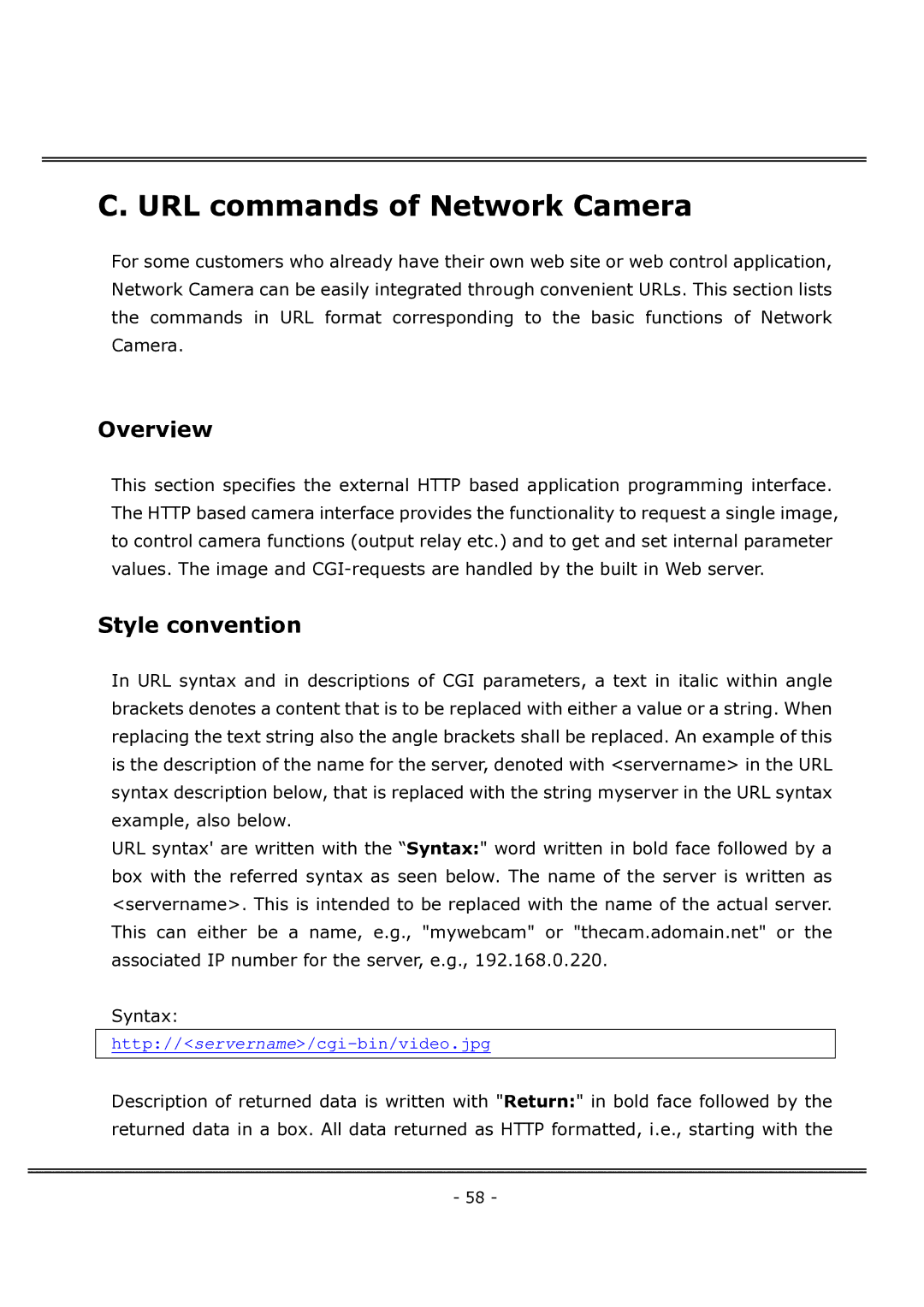 4XEM IPCAMWFD manual URL commands of Network Camera, Overview, Style convention 