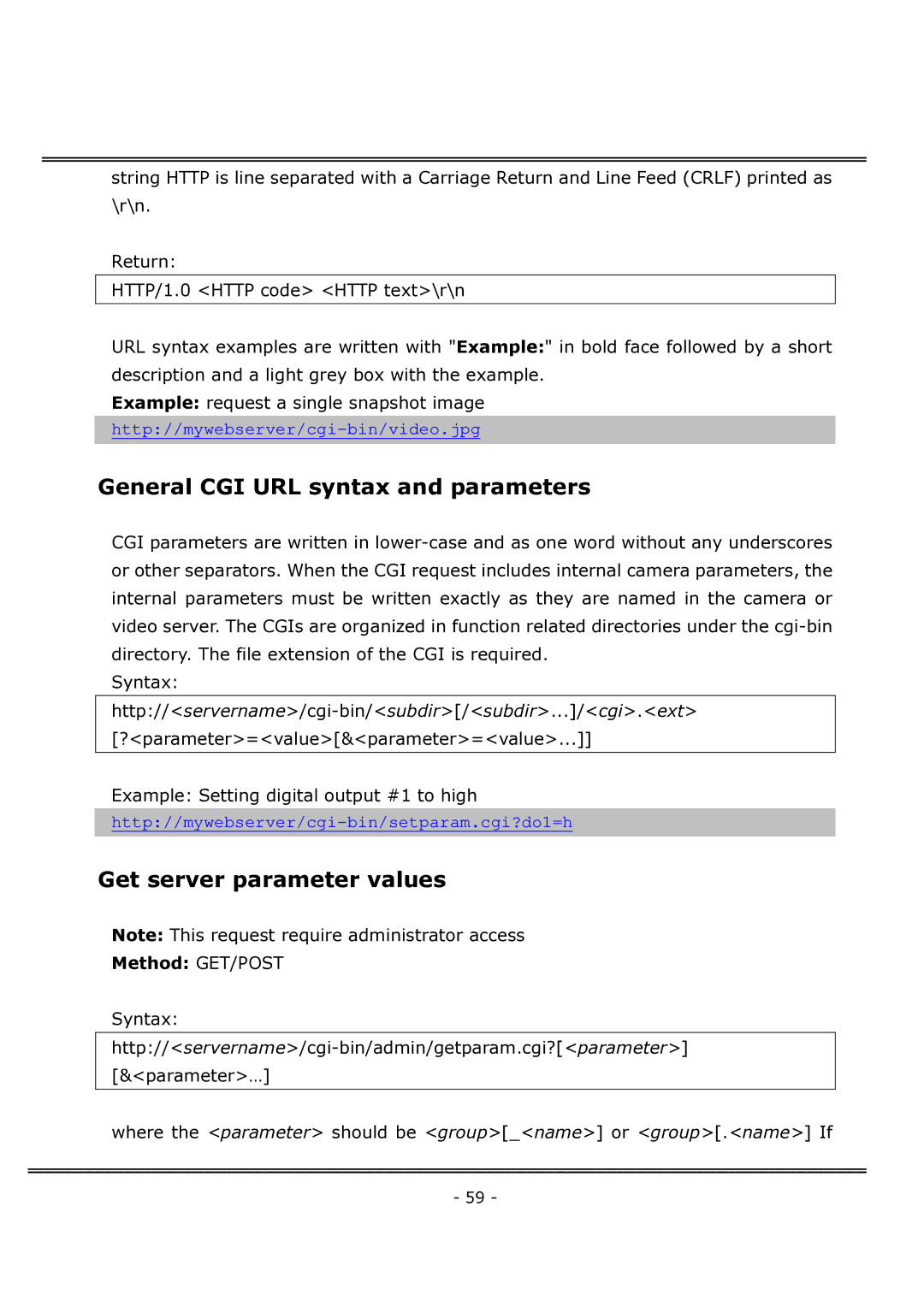 4XEM IPCAMWFD manual General CGI URL syntax and parameters, Get server parameter values, Method GET/POST 