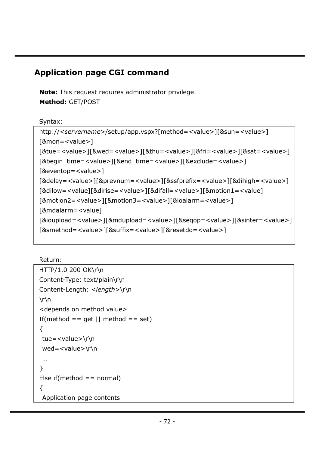 4XEM IPCAMWFD manual Application page CGI command, Method GET/POST 