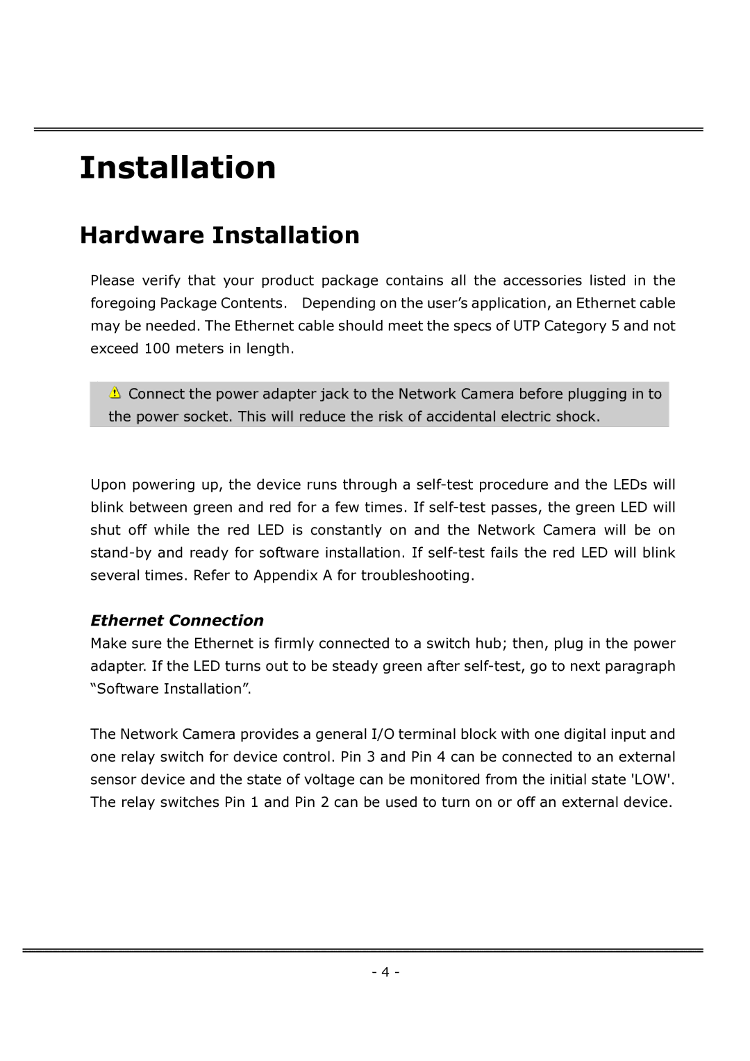 4XEM IPCAMWFD manual Hardware Installation, Ethernet Connection 