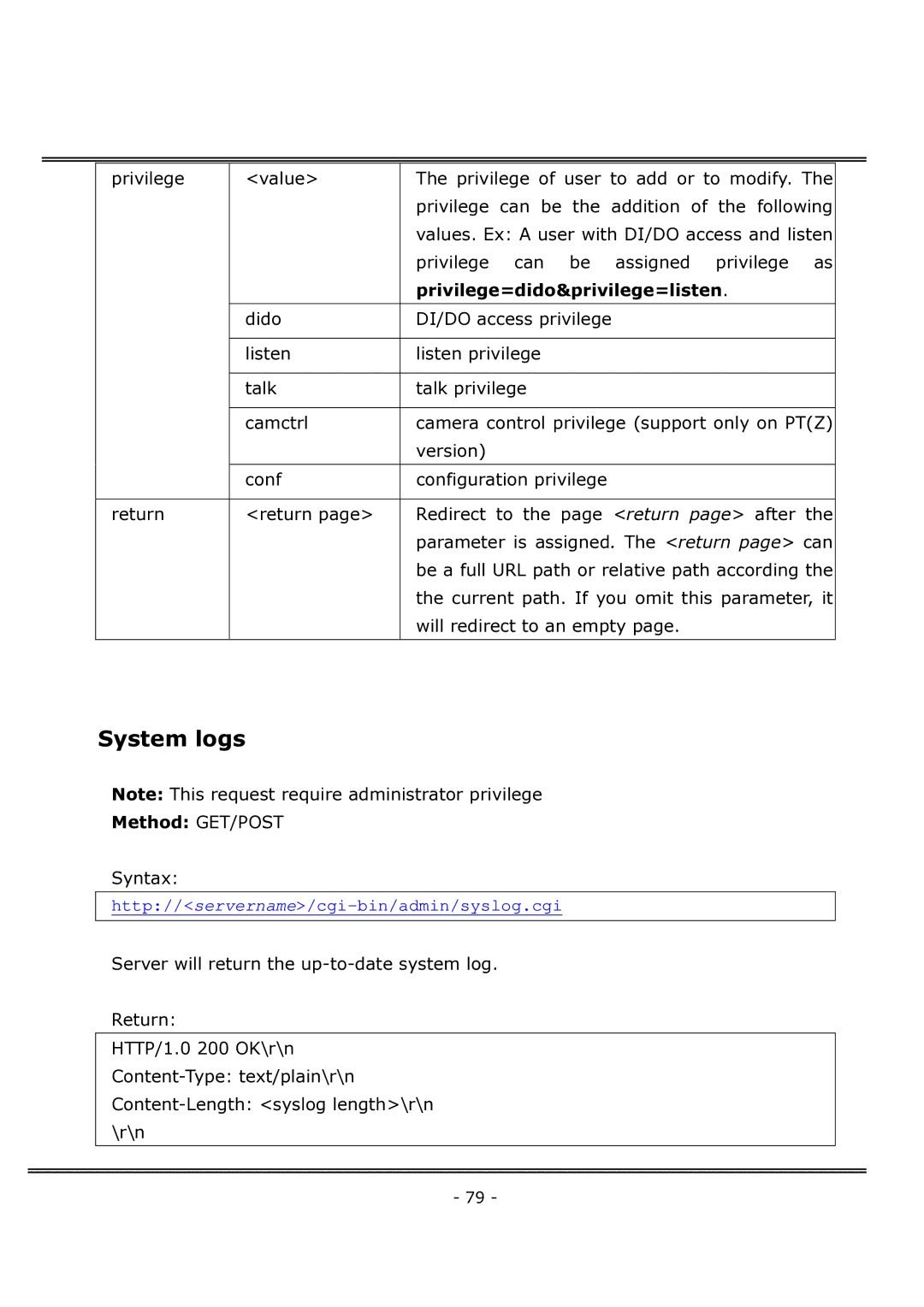 4XEM IPCAMWFD manual System logs, Privilege=dido&privilege=listen 