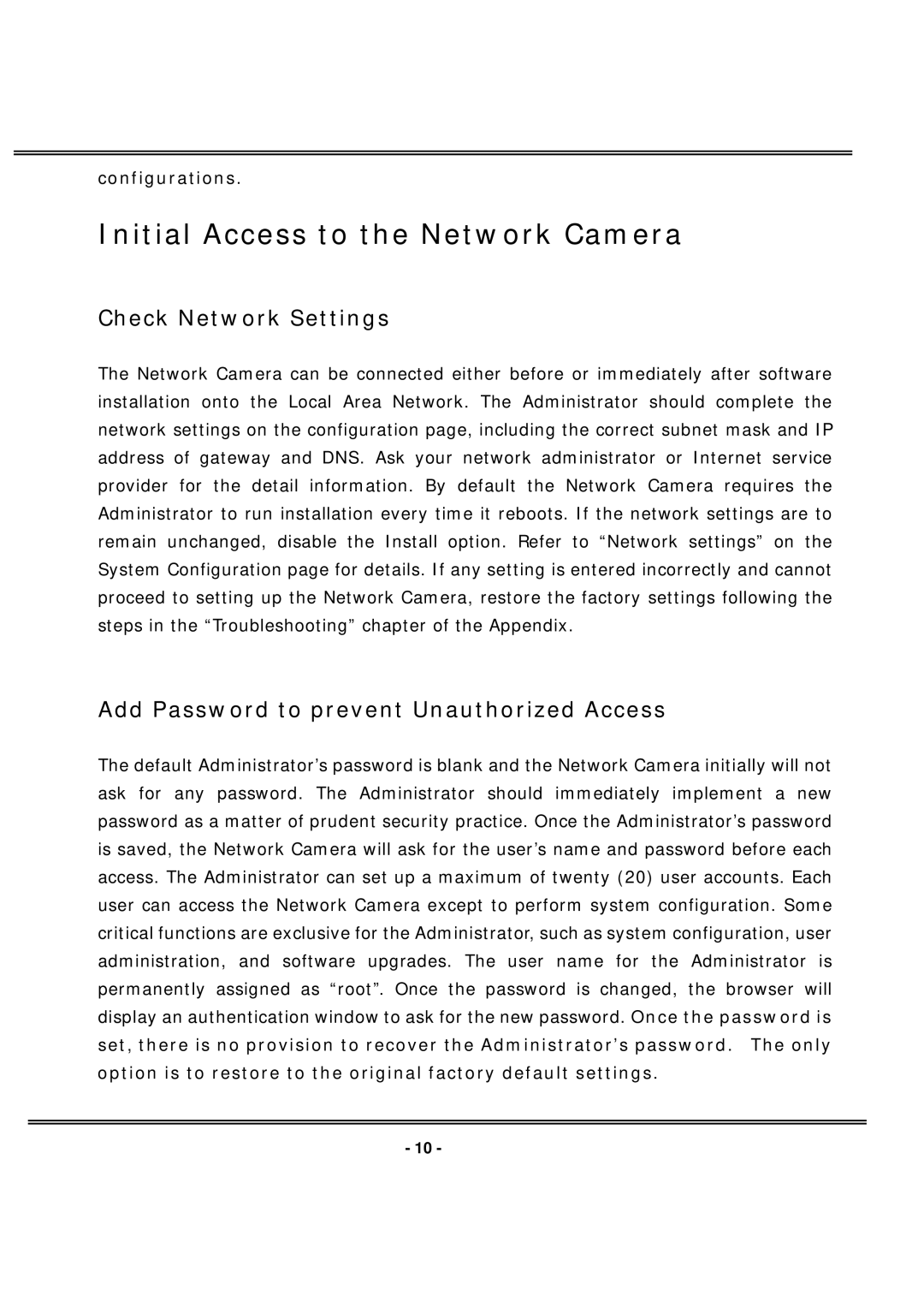 4XEM IPCAMWL40 Initial Access to the Network Camera, Check Network Settings, Add Password to prevent Unauthorized Access 