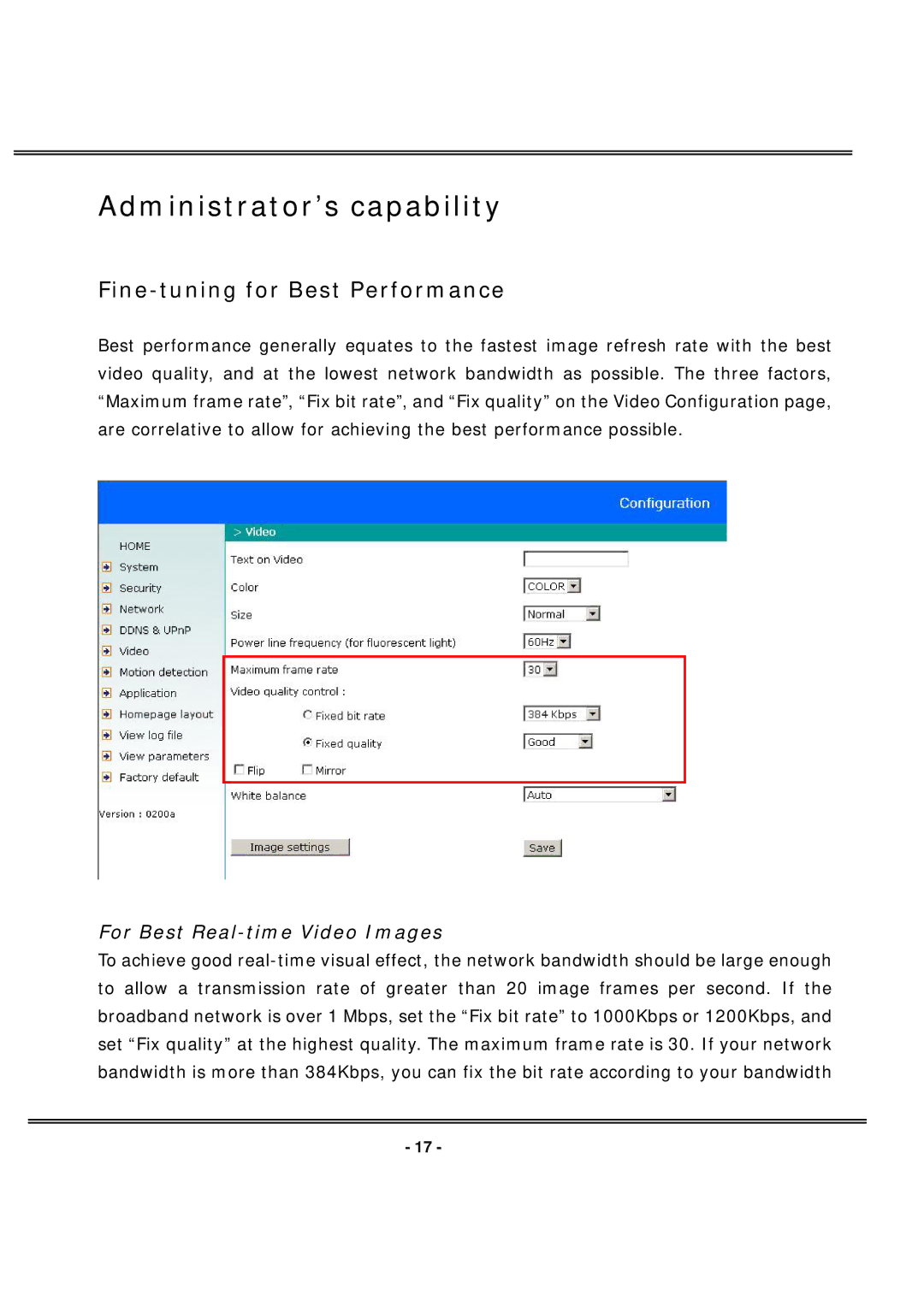 4XEM IPCAMWL40 manual Administrator’s capability, Fine-tuning for Best Performance, For Best Real-time Video Images 