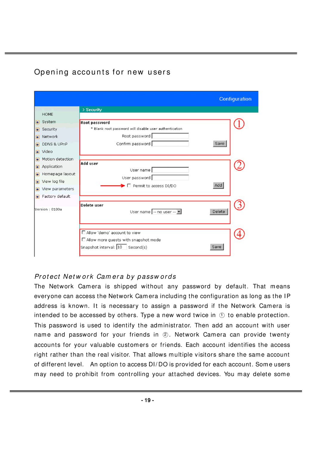 4XEM IPCAMWL40 manual Opening accounts for new users, Protect Network Camera by passwords 