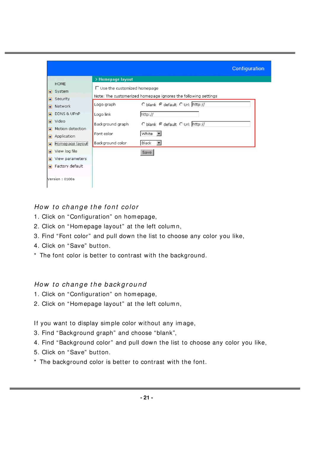 4XEM IPCAMWL40 manual How to change the font color, How to change the background 