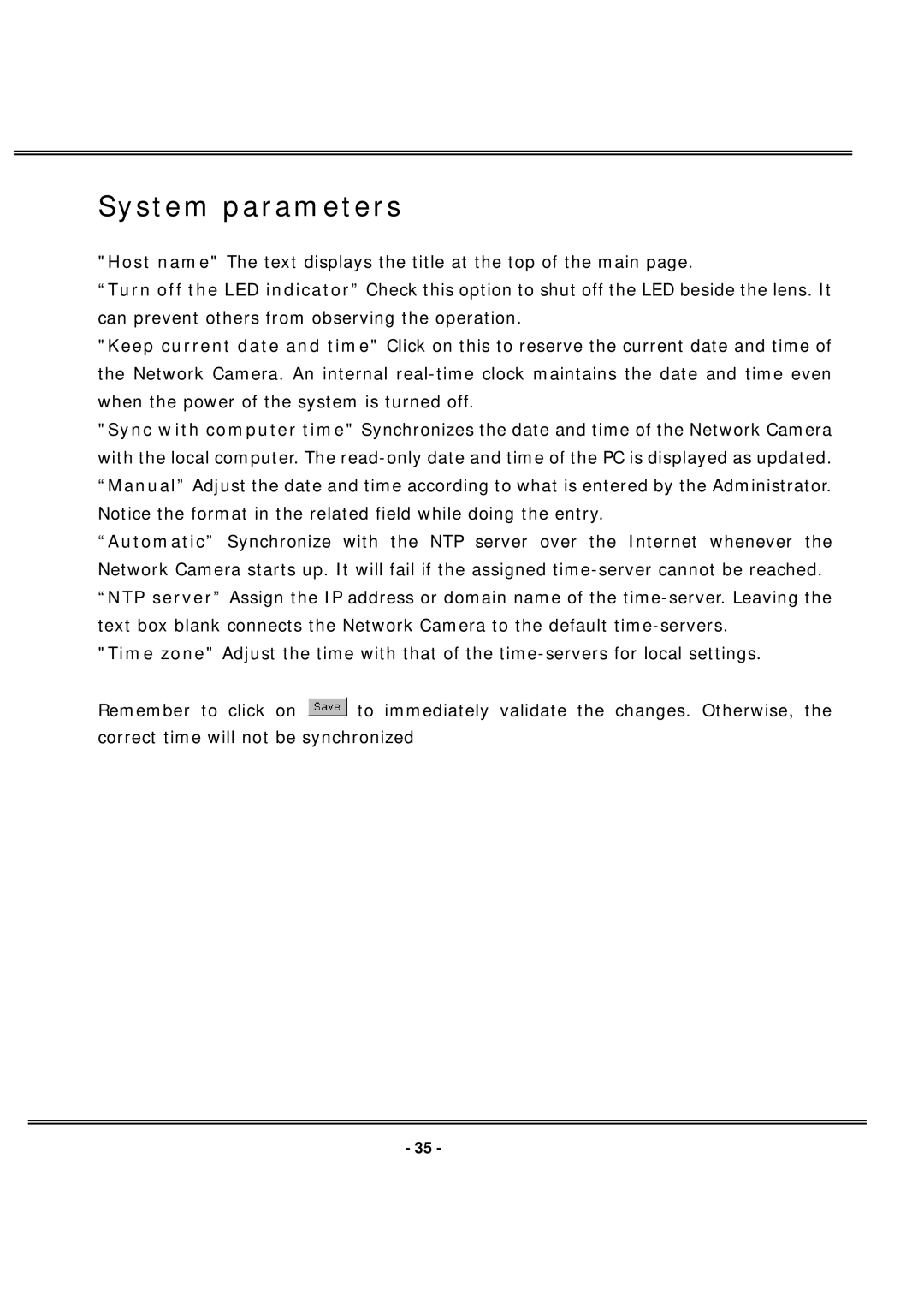 4XEM IPCAMWL40 manual System parameters 