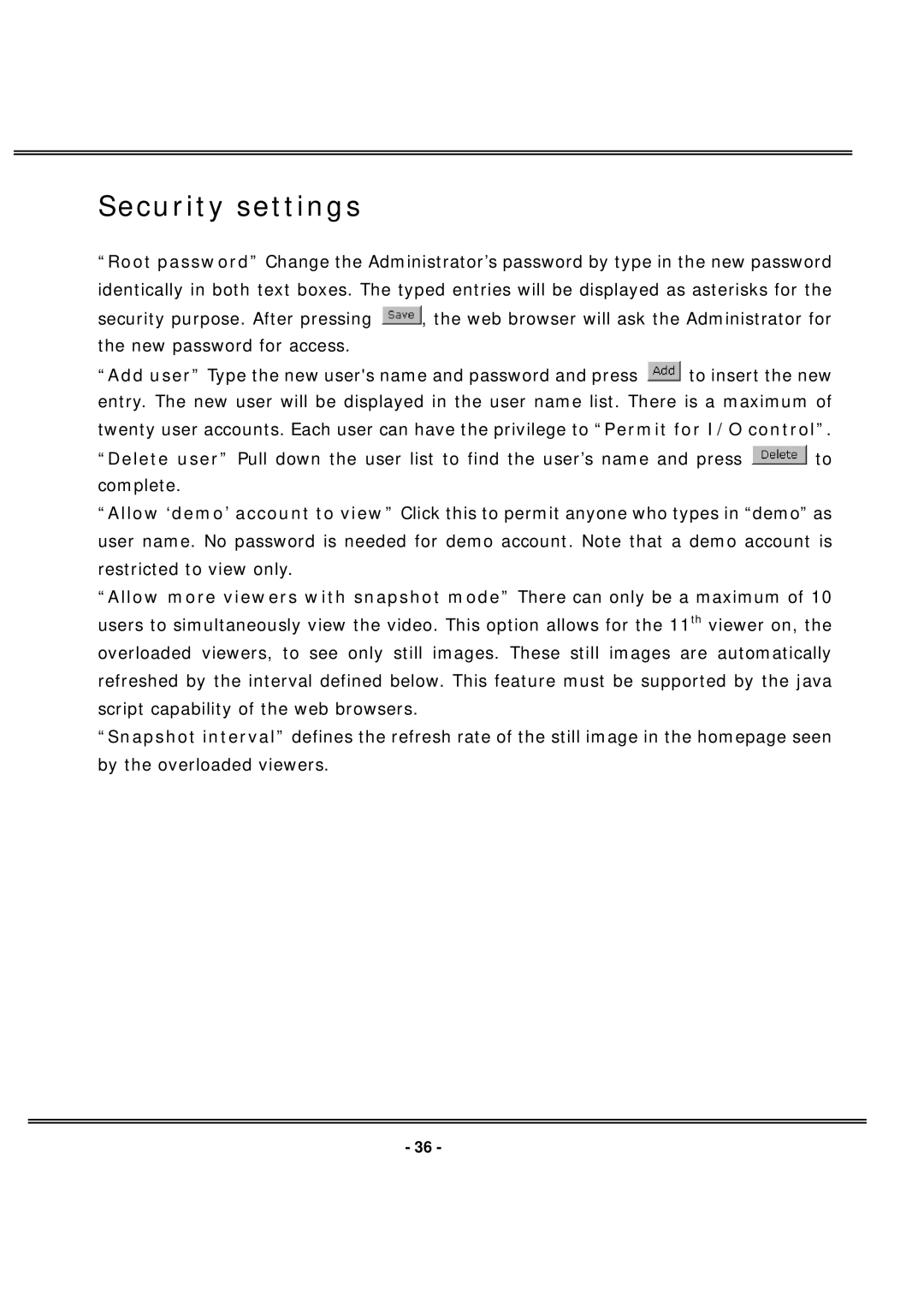 4XEM IPCAMWL40 manual Security settings 