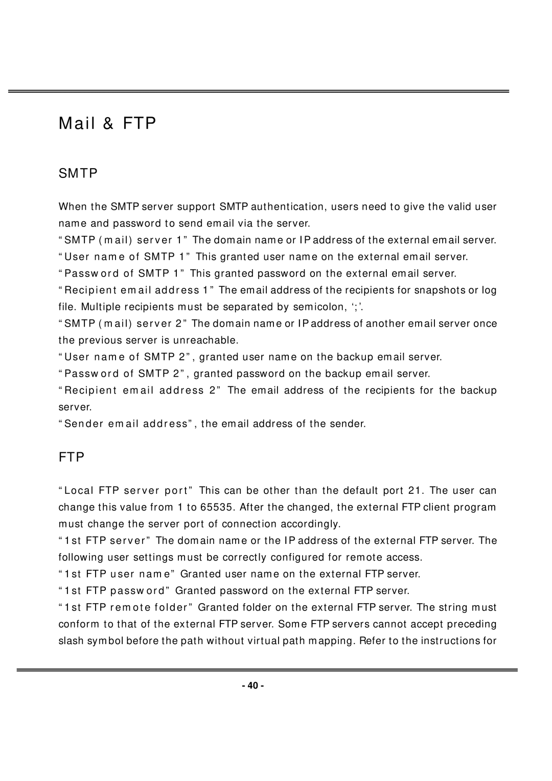 4XEM IPCAMWL40 manual Mail & FTP, Smtp 