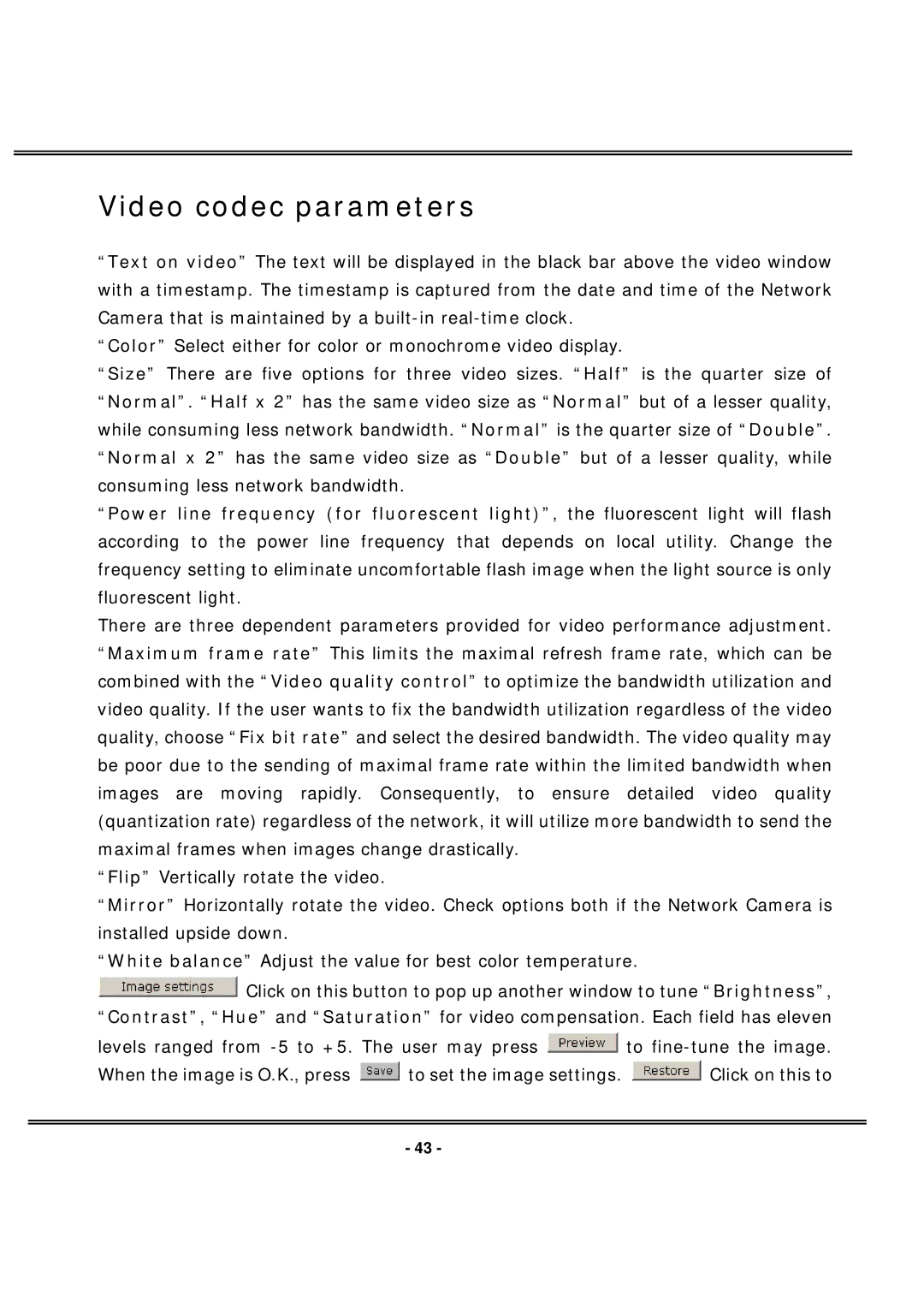 4XEM IPCAMWL40 manual Video codec parameters 