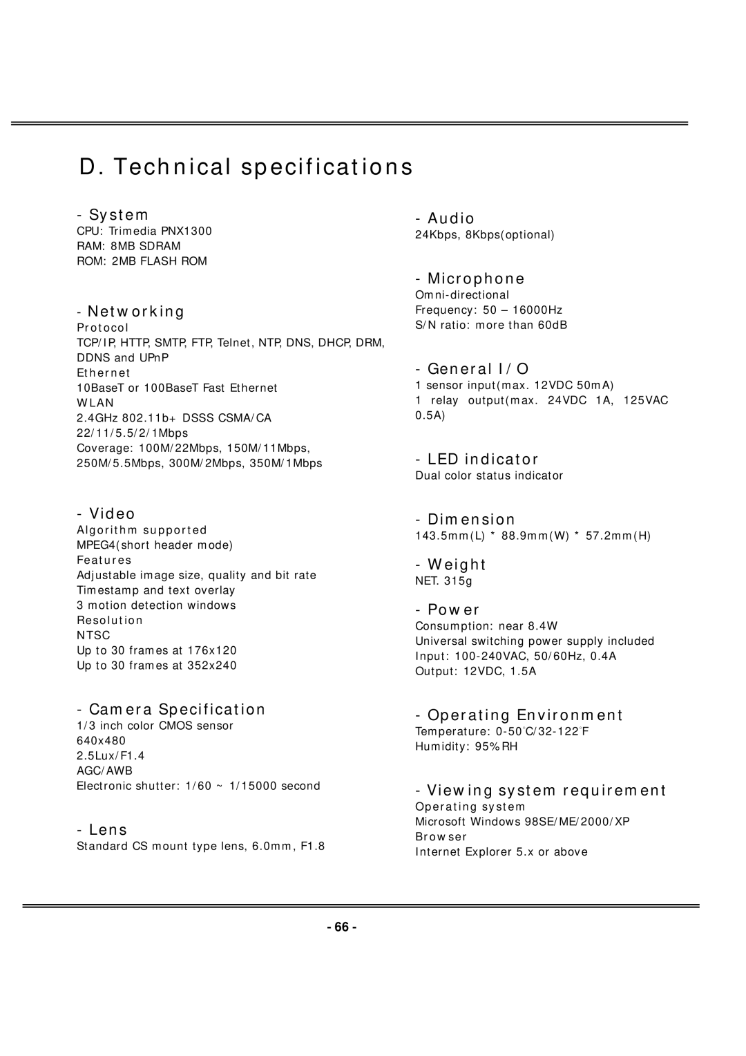 4XEM IPCAMWL40 manual Technical specifications, Networking 