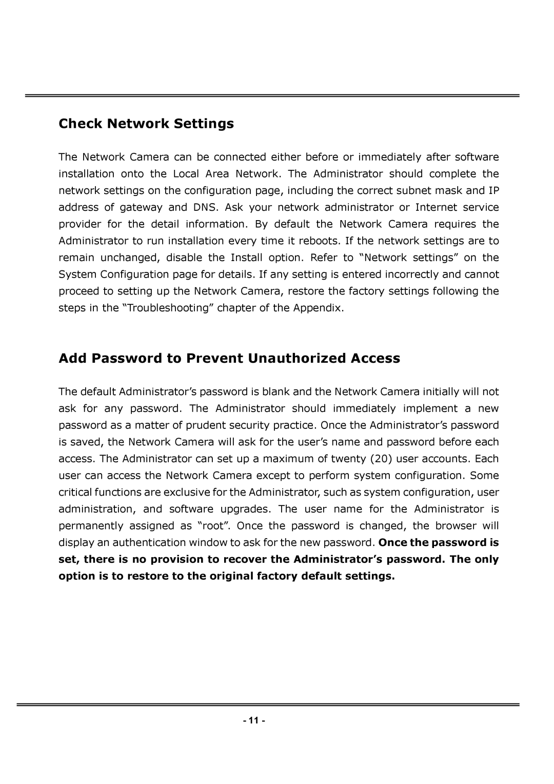 4XEM IPCAMWPTZ manual Check Network Settings, Add Password to Prevent Unauthorized Access 