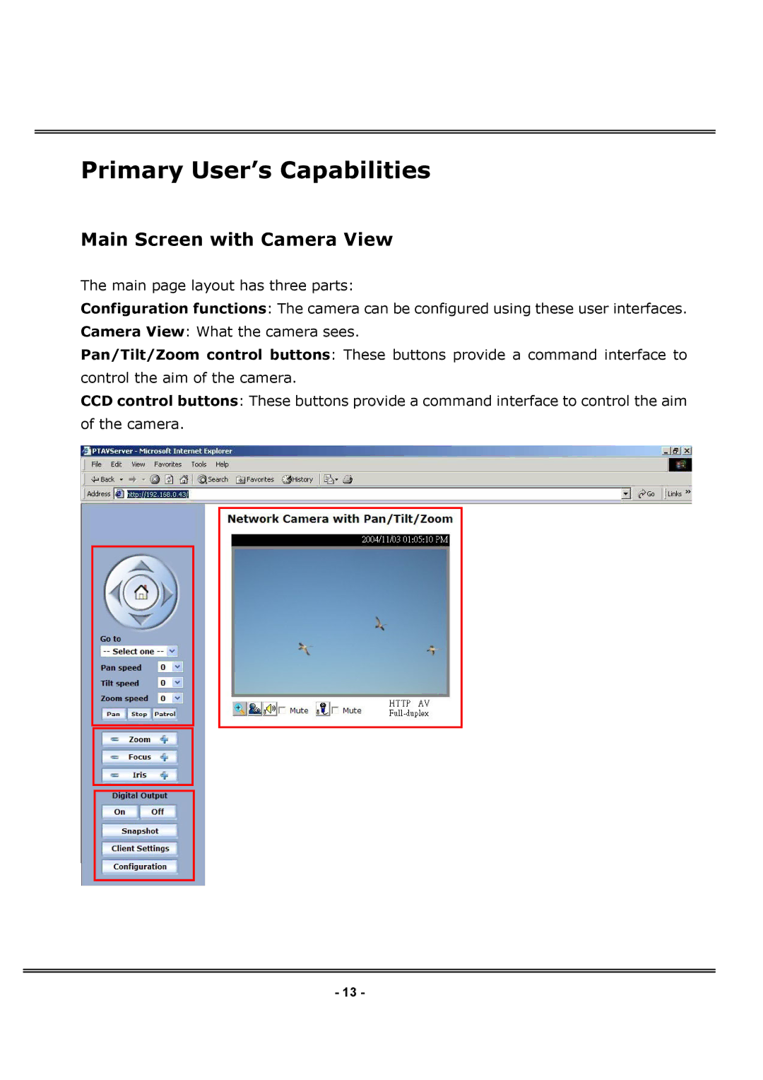 4XEM IPCAMWPTZ manual Primary User’s Capabilities, Main Screen with Camera View 