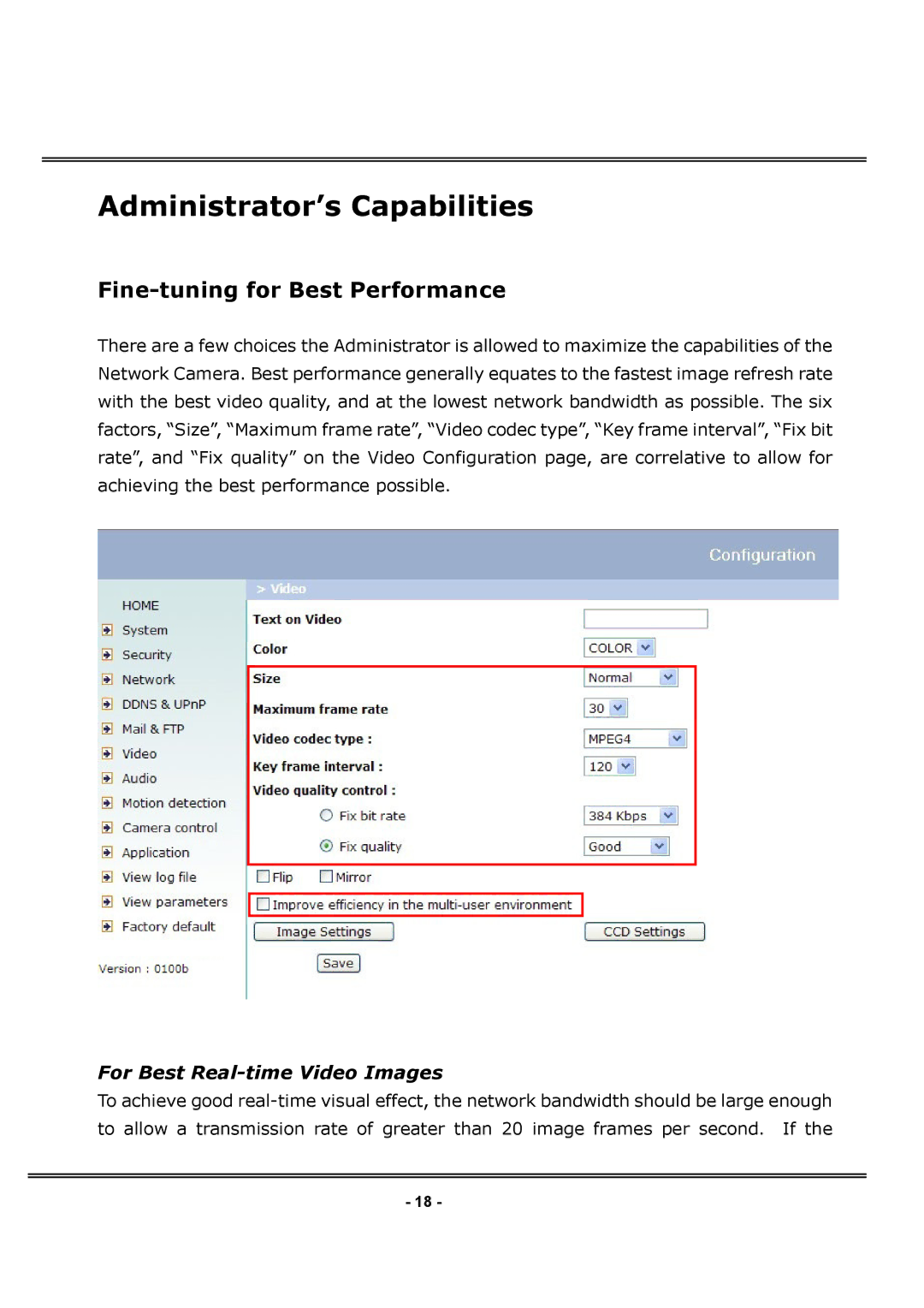 4XEM IPCAMWPTZ manual Administrator’s Capabilities, Fine-tuning for Best Performance, For Best Real-time Video Images 