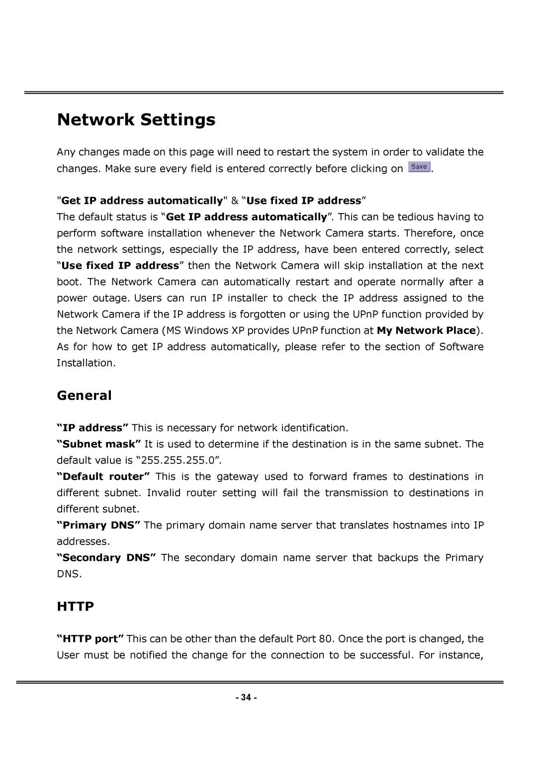 4XEM IPCAMWPTZ manual Network Settings, General, Get IP address automatically & Use fixed IP address 