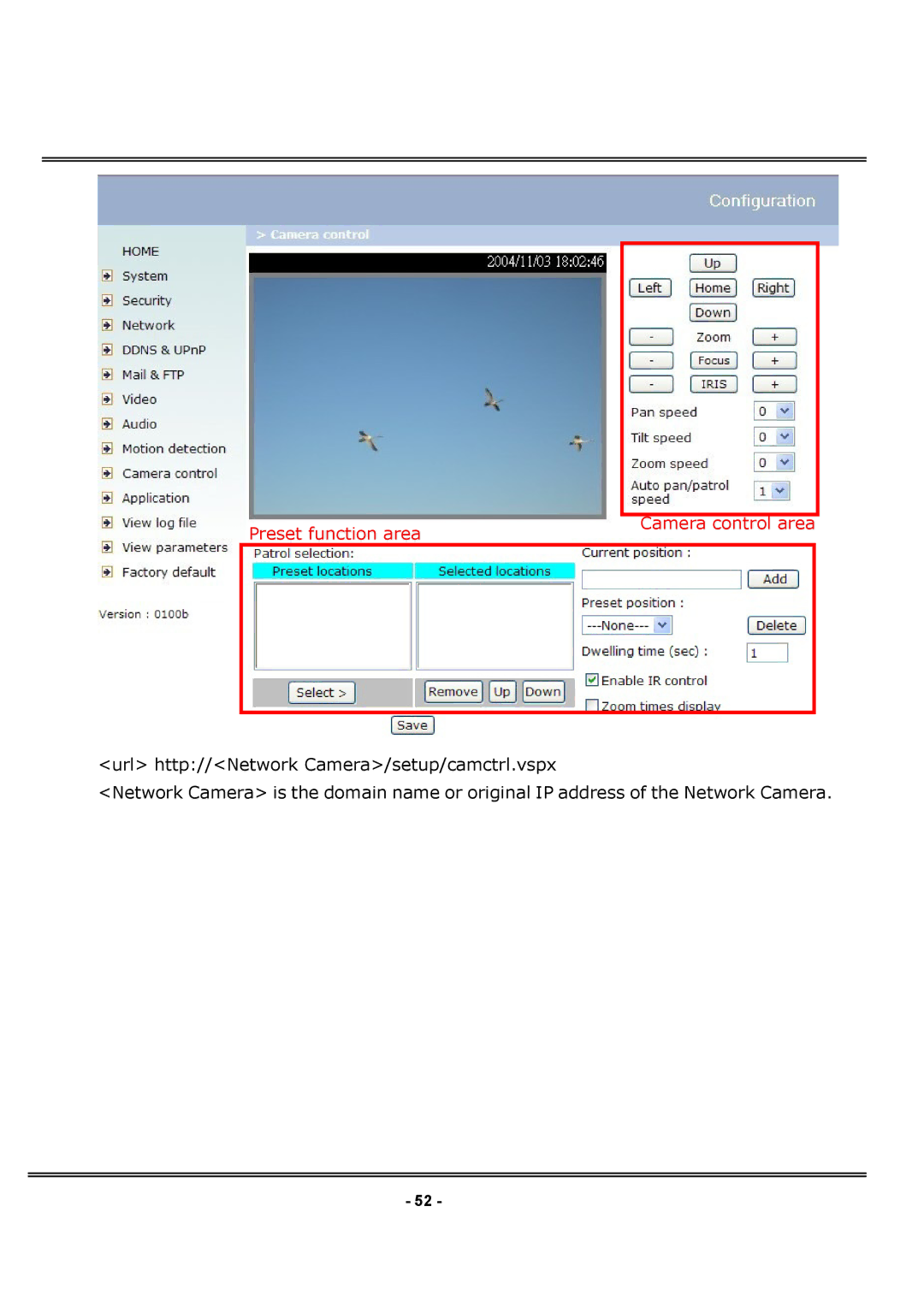 4XEM IPCAMWPTZ manual Preset function area Camera control area 