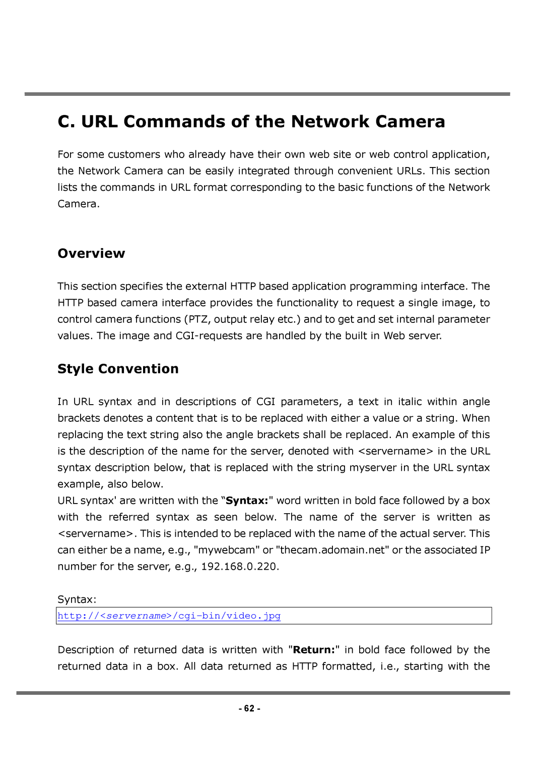 4XEM IPCAMWPTZ manual URL Commands of the Network Camera, Overview, Style Convention 