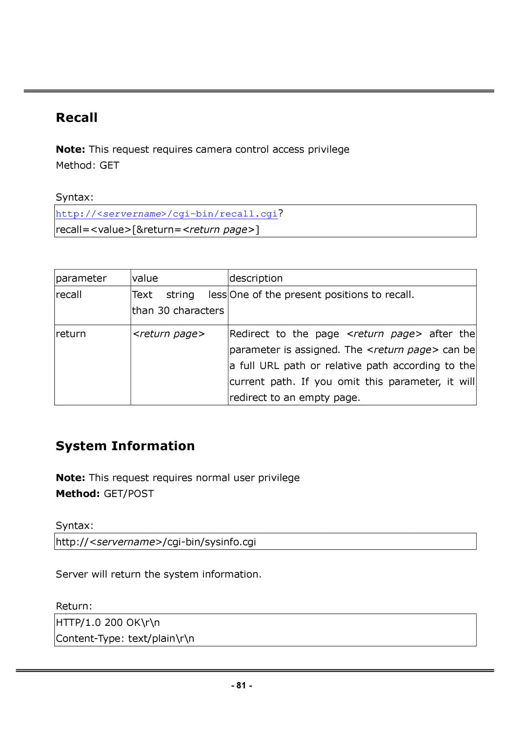 4XEM IPCAMWPTZ manual Recall, System Information 