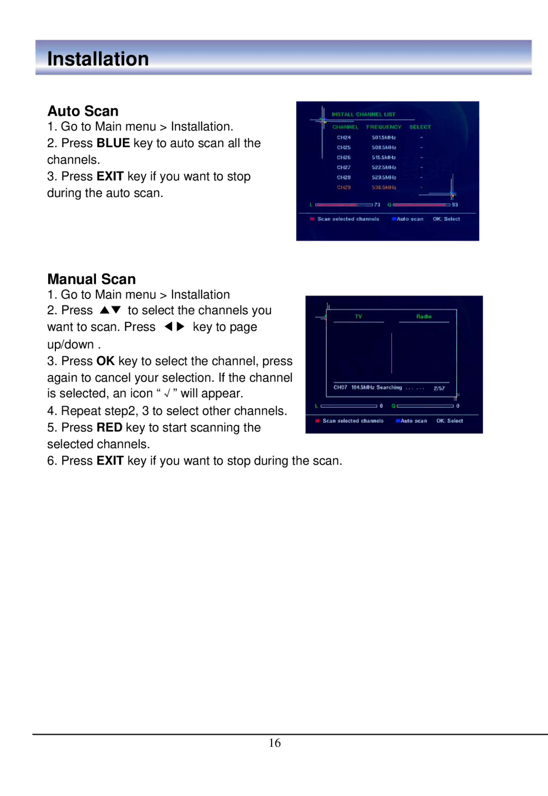 888 Digital HD4000 manual Installation, Manual Scan 