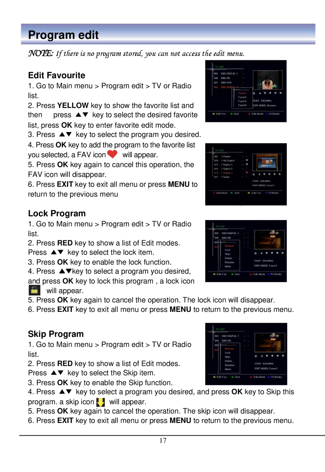 888 Digital HD4000 manual Program edit, Edit Favourite, Lock Program, Skip Program 