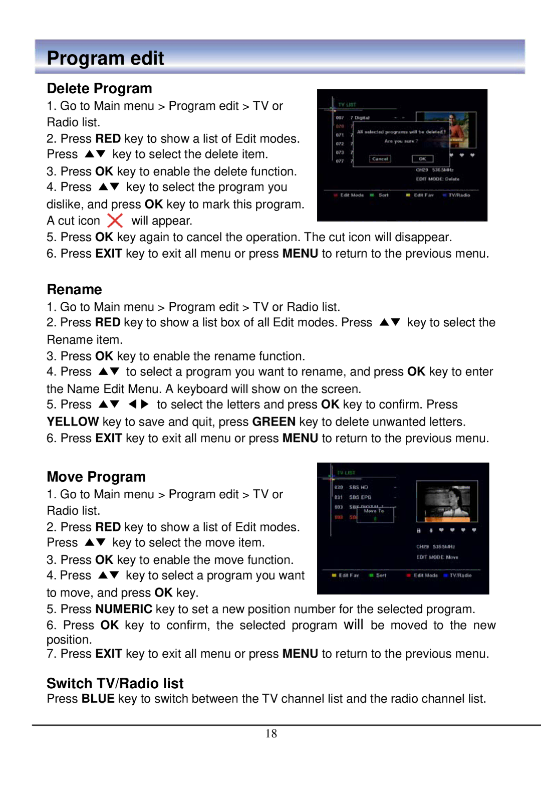 888 Digital HD4000 manual Delete Program, Move Program, Switch TV/Radio list 