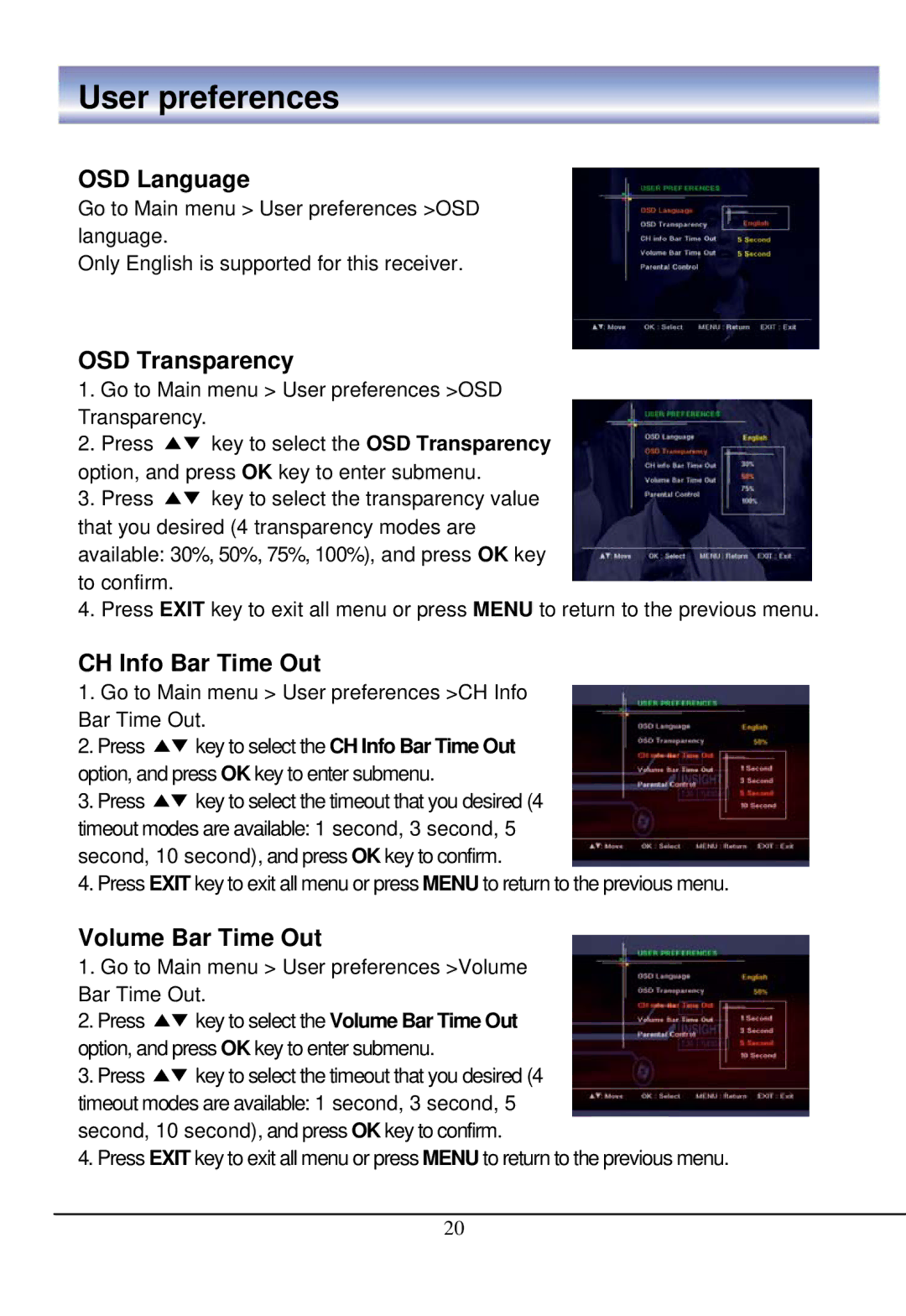 888 Digital HD4000 manual User preferences, OSD Language 