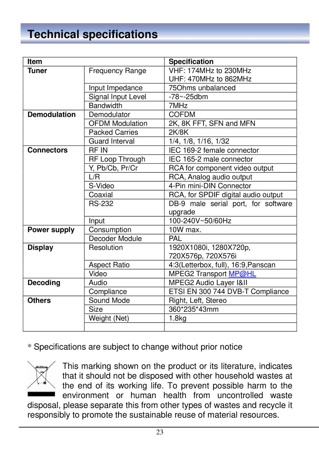 888 Digital HD4000 manual Technical specifications, Tuner 