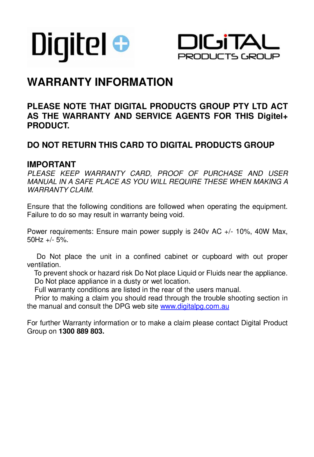 888 Digital HD4000 manual Warranty Information 