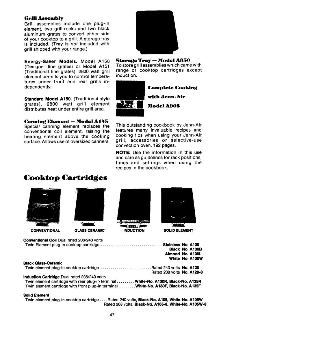 888 Digital S136 Cooktop Cartridges, Cau.ing Element -- Model A145, Storage Tray --Model A850, Complete Cooking, ModelAg05 