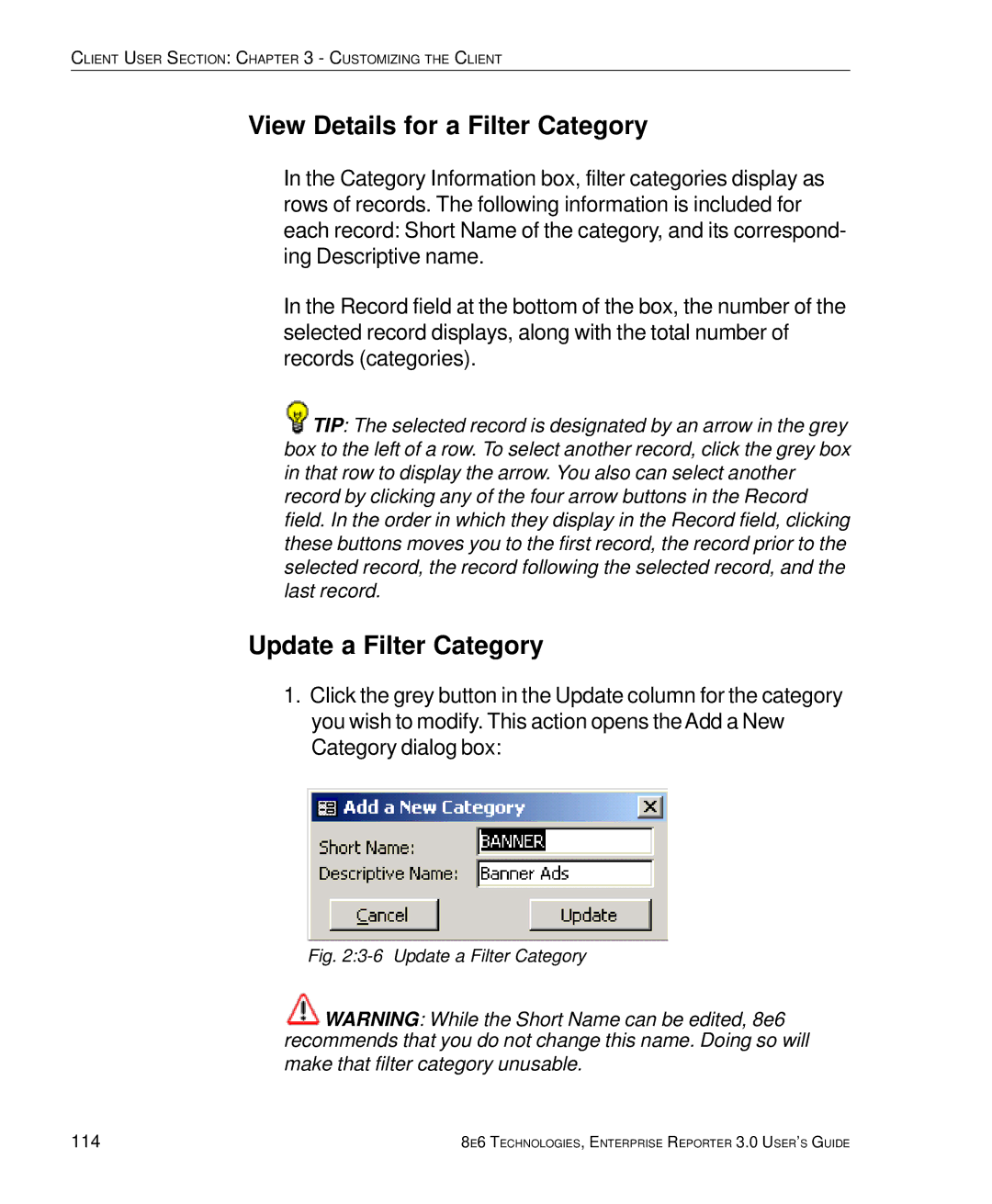 8e6 Technologies 3 manual View Details for a Filter Category, Update a Filter Category, 114 