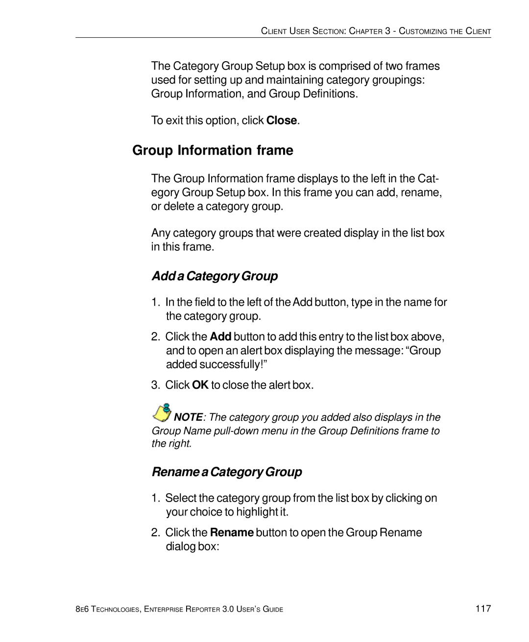 8e6 Technologies 3 manual Group Information frame, Add a Category Group, Rename a Category Group 