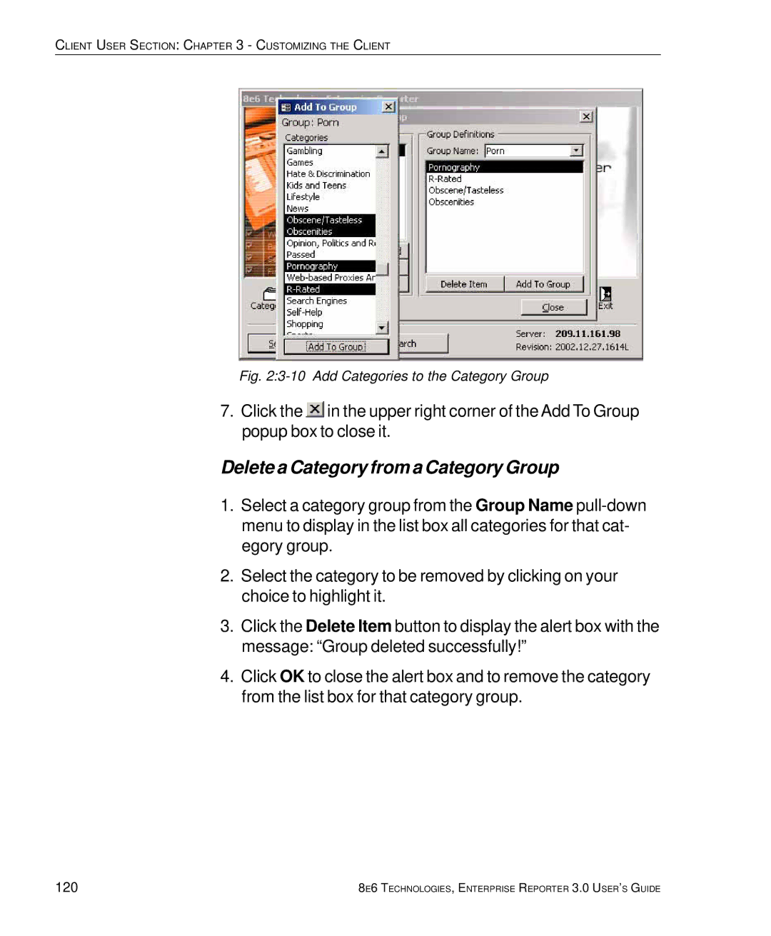 8e6 Technologies 3 manual Delete a Category from a Category Group, 120 