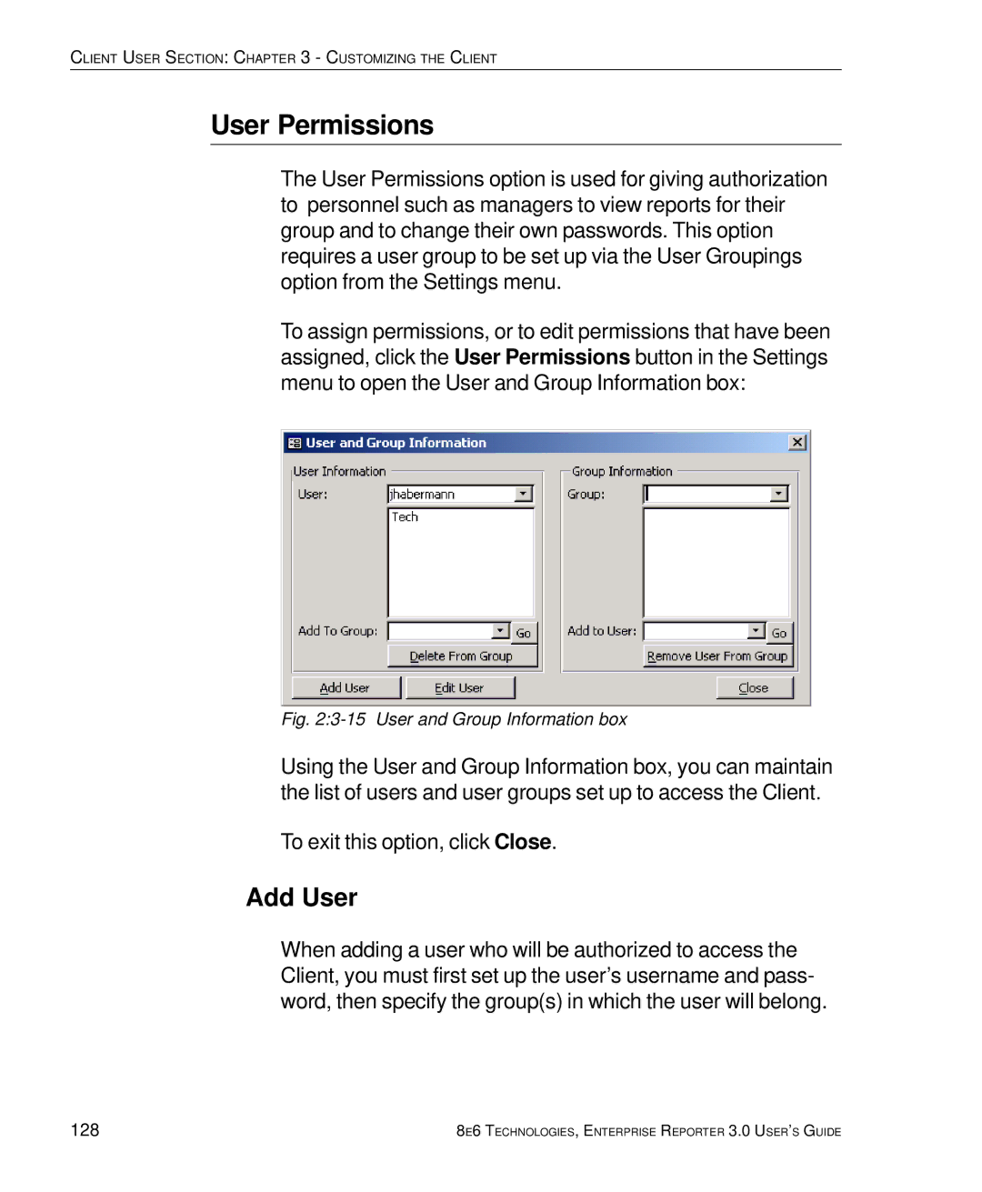 8e6 Technologies 3 manual User Permissions, Add User, 128 