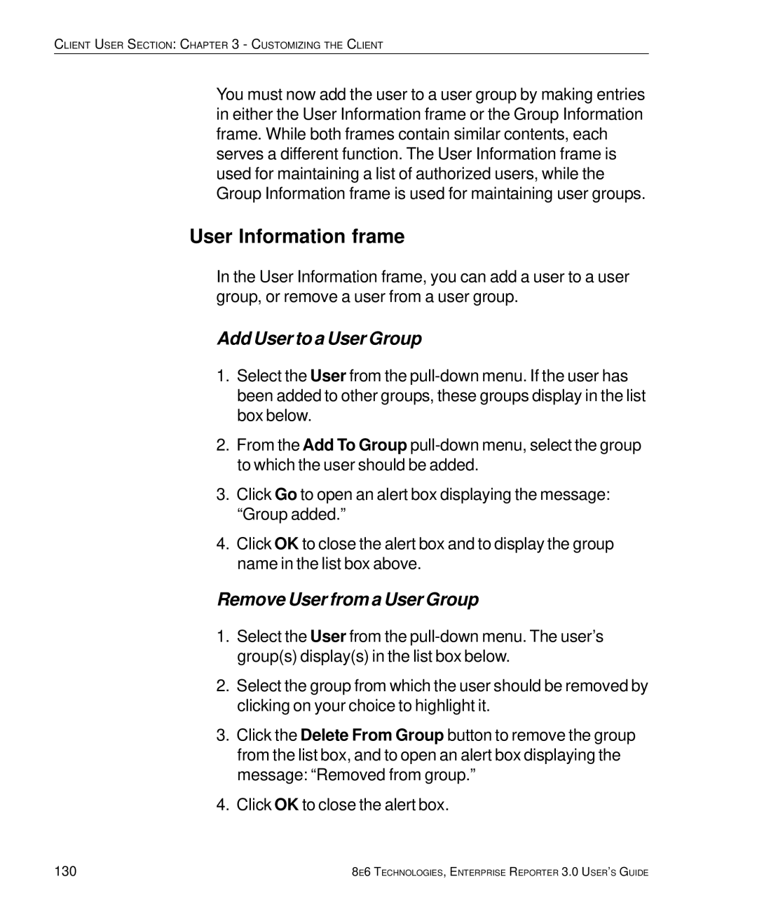 8e6 Technologies manual User Information frame, Add User to a User Group, Remove User from a User Group, 130 