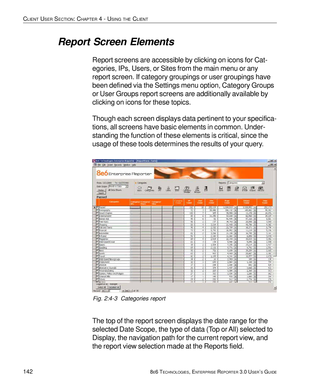 8e6 Technologies 3 manual Report Screen Elements, 142 