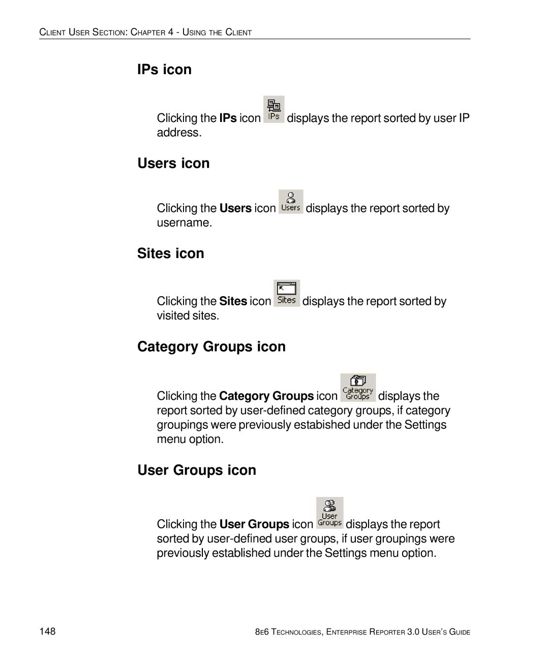 8e6 Technologies 3 manual IPs icon, Users icon, Sites icon, Category Groups icon, User Groups icon 