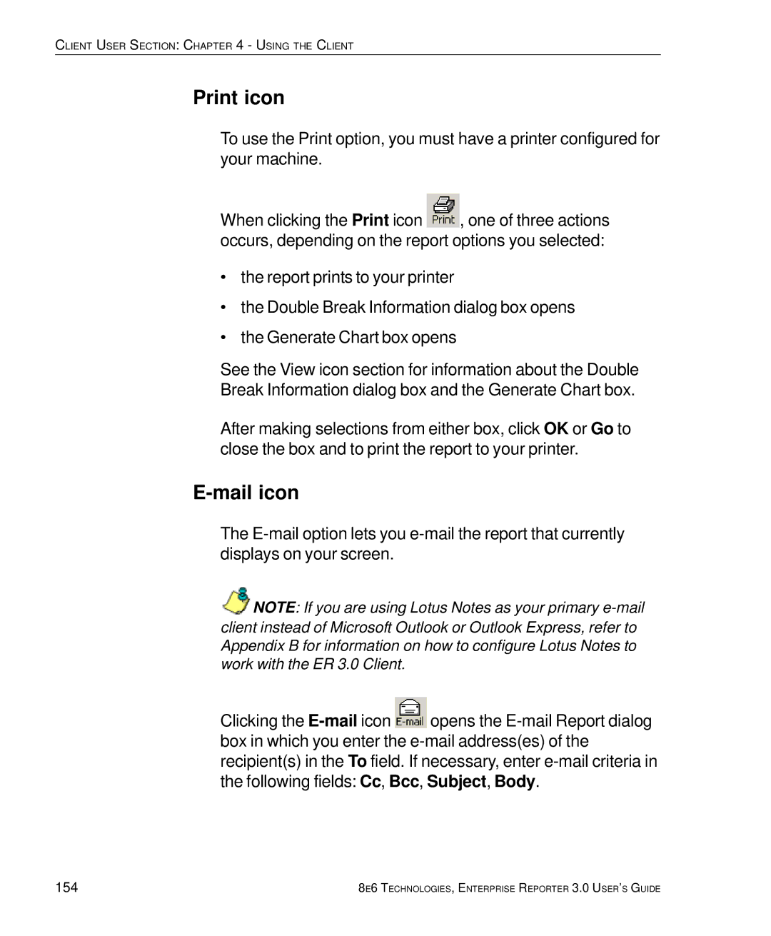 8e6 Technologies 3 manual Print icon, Mail icon, 154 