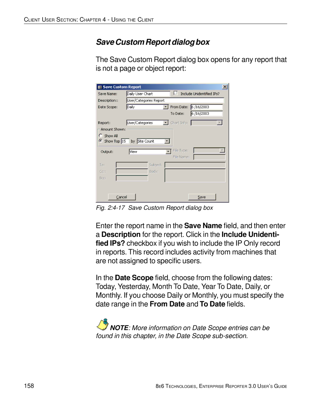 8e6 Technologies 3 manual Save Custom Report dialog box, 158 