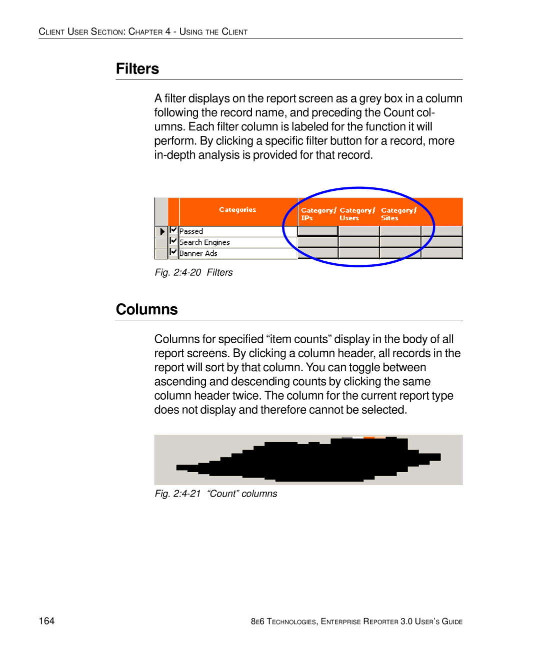 8e6 Technologies 3 manual Filters, Columns, 164 