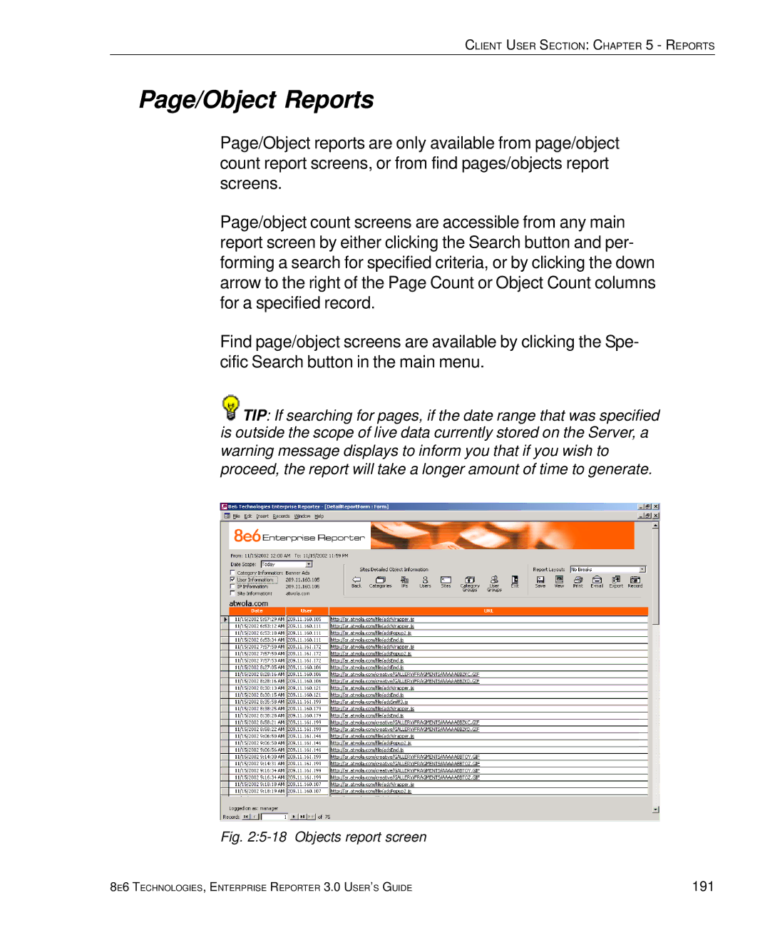 8e6 Technologies 3 manual Page/Object Reports, Objects report screen 