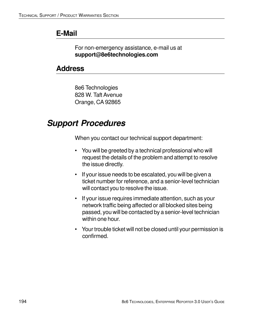 8e6 Technologies 3 manual Support Procedures, Mail, Address, 194 