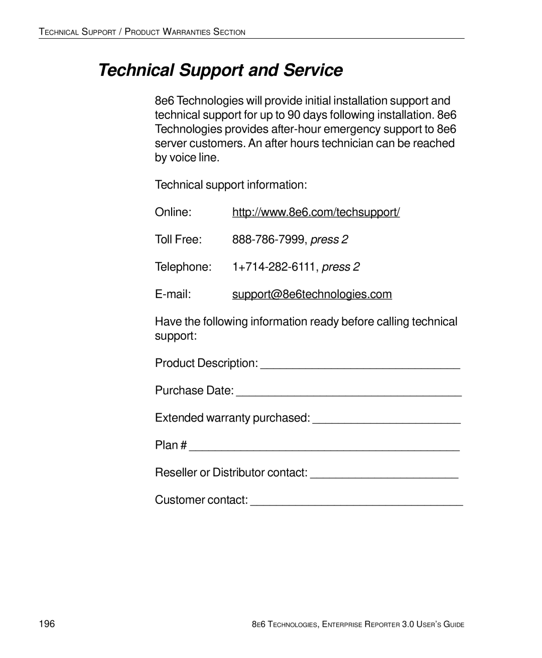 8e6 Technologies 3 manual Technical Support and Service, 196 