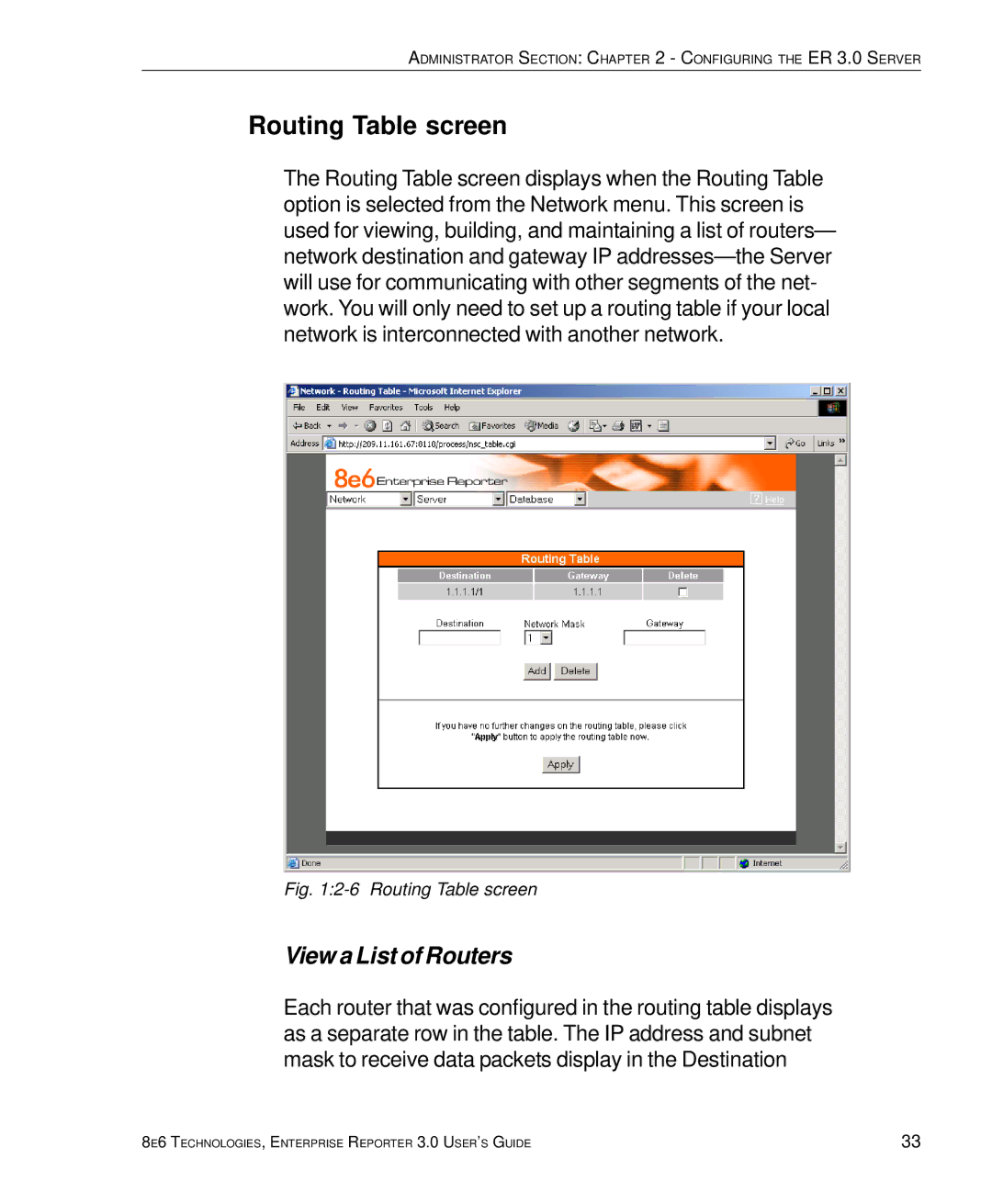 8e6 Technologies 3 manual Routing Table screen, View a List of Routers 