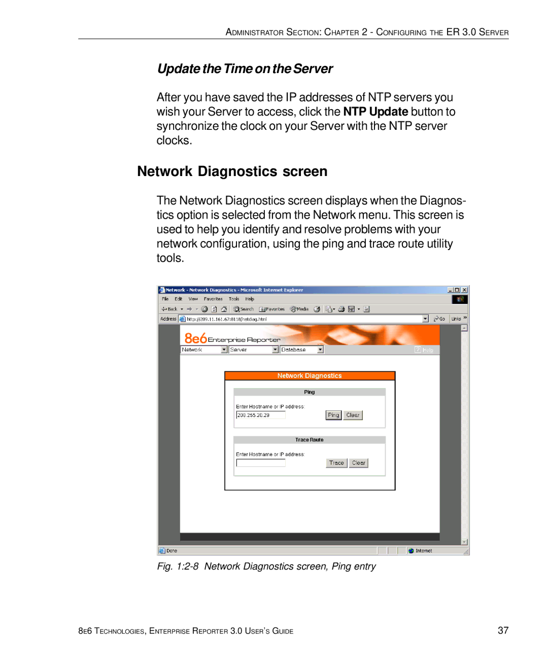 8e6 Technologies 3 manual Network Diagnostics screen, Update the Time on the Server 