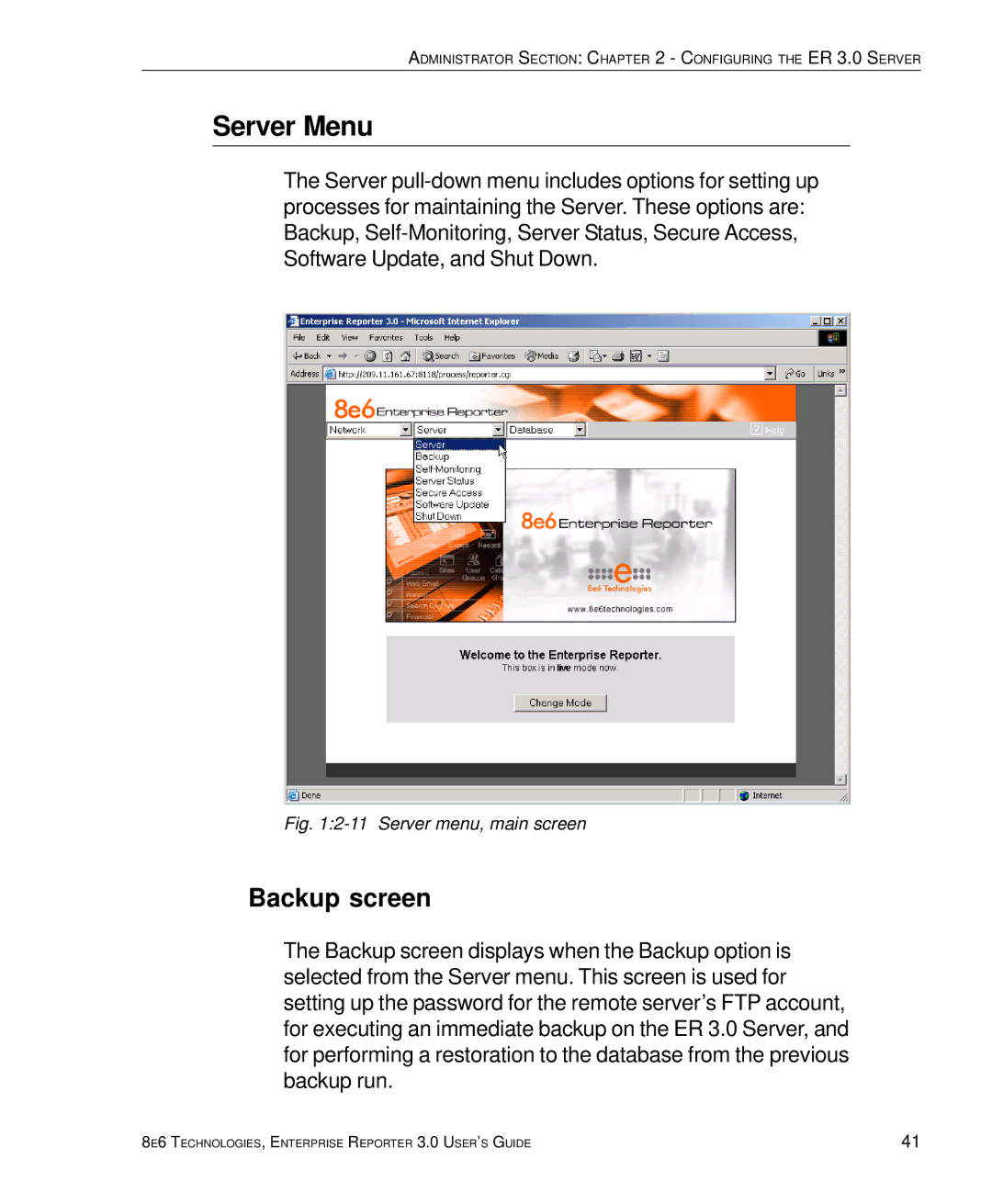 8e6 Technologies 3 manual Server Menu, Backup screen 