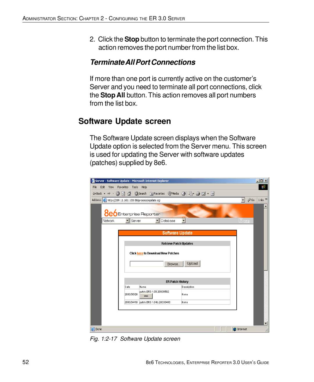 8e6 Technologies 3 manual Software Update screen, Terminate All Port Connections 