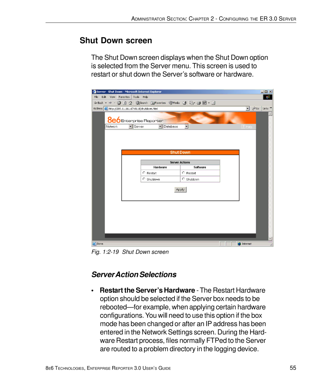 8e6 Technologies 3 manual Shut Down screen, Server Action Selections 