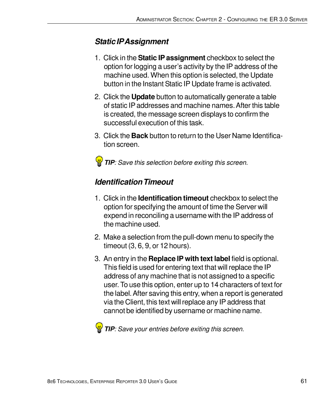 8e6 Technologies 3 manual Static IPAssignment, Identification Timeout 